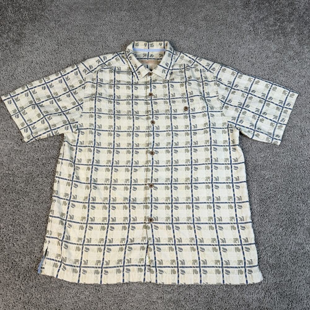 Tommy Bahama Shirt Mens M Beige White Short Sleeve Button Up Silk Check Pocket
